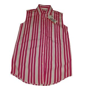 Basic Womens Fuchsia Pink White Striped Sleeveless Button Down Shirt M NWT